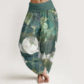 Buddha Stones Cotton White Lotus Leaves Pattern Casual Women's Elastic Waist Harem Pants