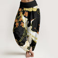 Buddha Stones Cotton Cranes Flowers Auspicious Clouds pattern Women's Elastic Waist Harem Pants