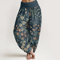 Buddha Stones Cotton Casual Daisy Flowers Leaves Design Women's Elastic Waist Harem Pants