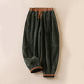 Buddha Stones Color Contrast Corduroy Cotton Women's Thermal Fleece-Lined Harem Pants With Pockets