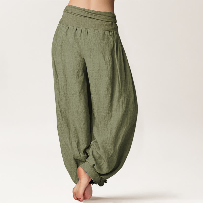 Buddha Stones Bamboo Leaves Red Sun Pattern Women's Elastic Waist Harem Pure Cotton Pants