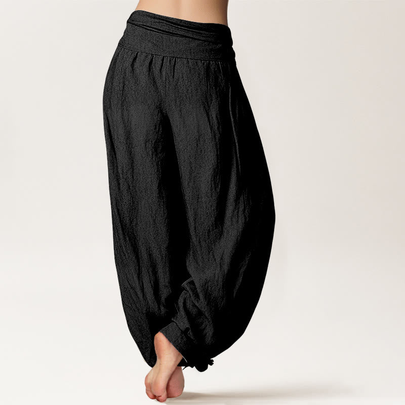 Buddha Stones Blooming Lotus Om Symbol Pattern Women's Elastic Waist Harem Pure Cotton Pants