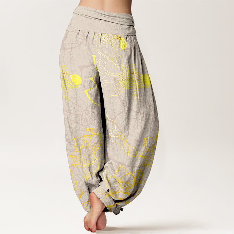 Buddha Stones Pure Cotton Lotus Leaf Koi Fish Women's Elastic Waist Harem Pants